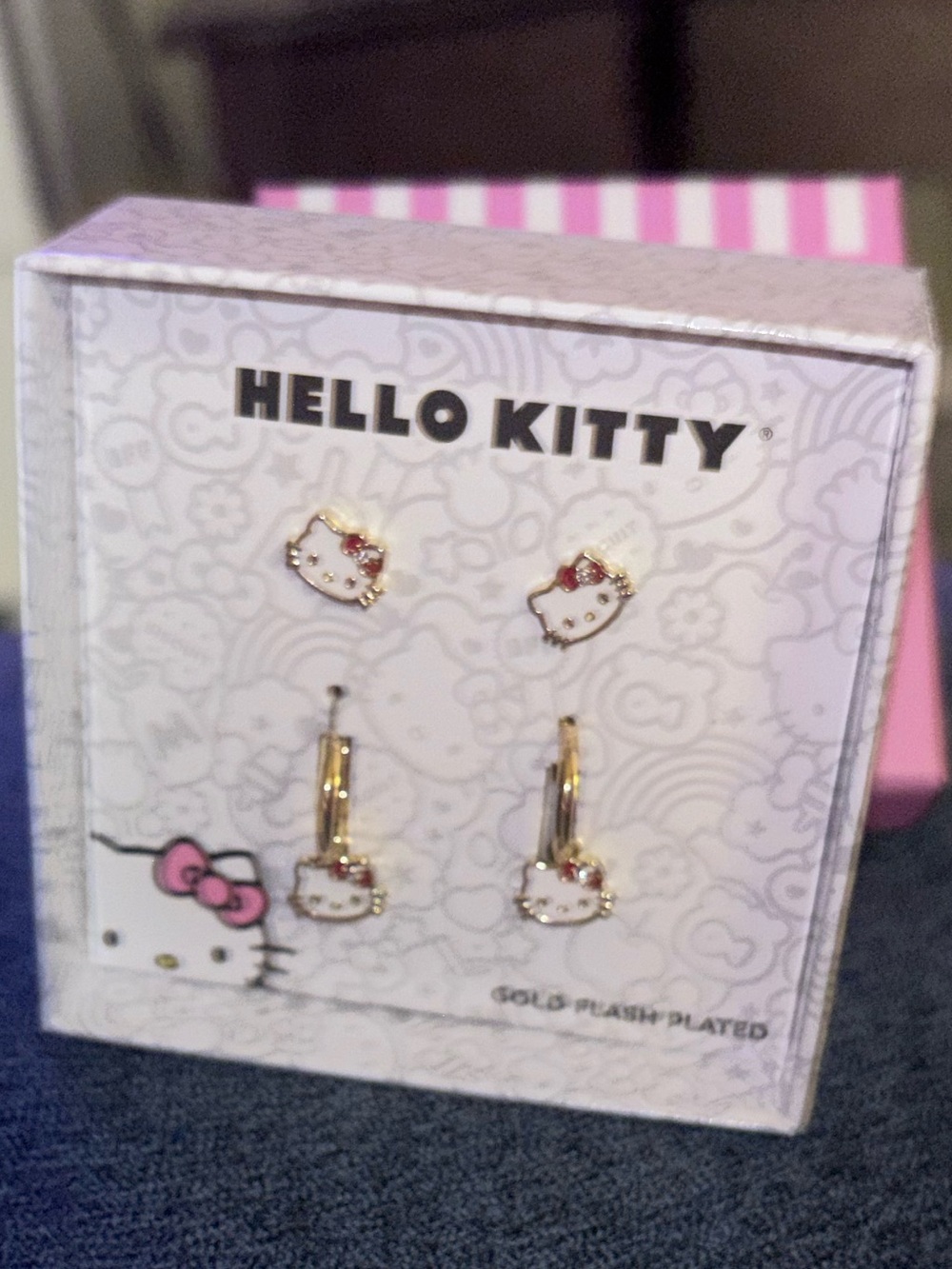 Sanrio Hello Kitty Pink & Gold Kids Earring Set Studs and Hoops - Picture 3 of 4